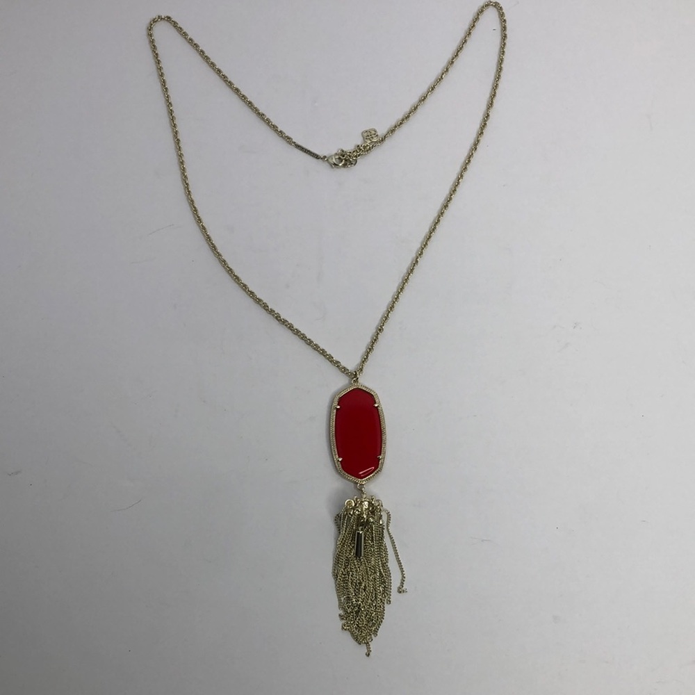 Kendra Scott Rayne Long Tassel Necklace Bright Reddish Orange Faceted Stone